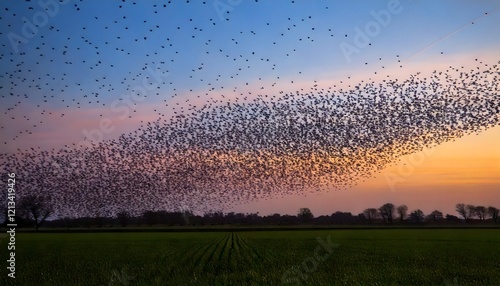 Large murmuration of starlings flying at sunset over a green field