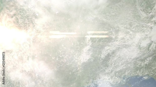 Earth zoom in from space and focus on Moore, Oklahoma, USA. Background for travel blog or intro. Satellite view. 3D style animation. Images from NASA.
