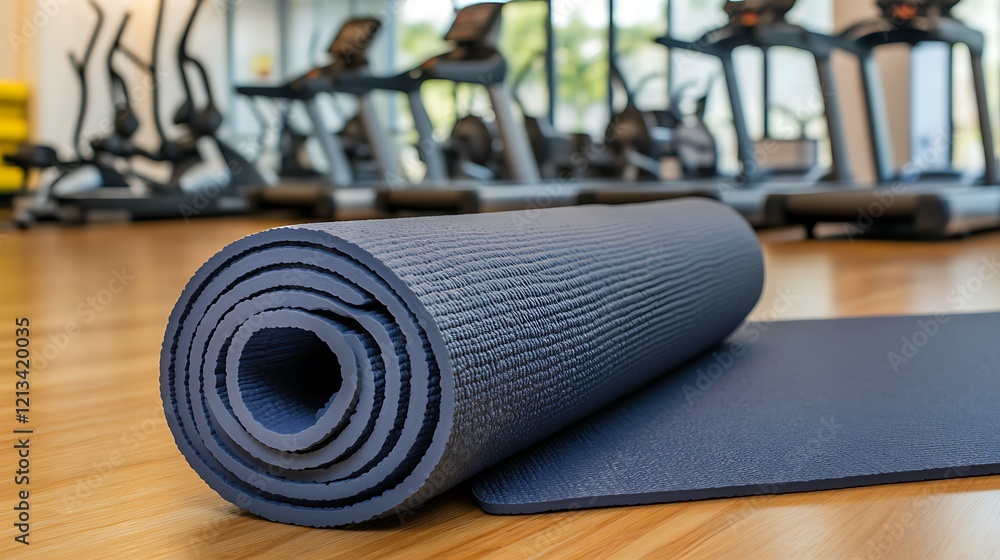 Rolled Yoga Mat in a Fitness Center Gym Rolled Yoga Mat in a Fitness Center Gym