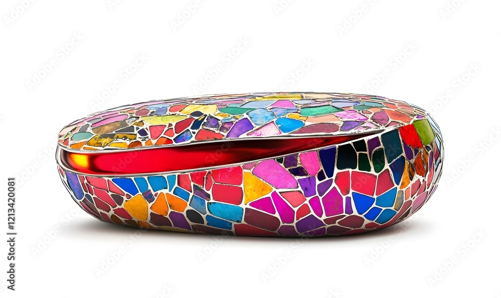 Colorful mosaic gemstone box opens, studio, white background, gift Colorful mosaic gemstone box opens, studio, white background, gift