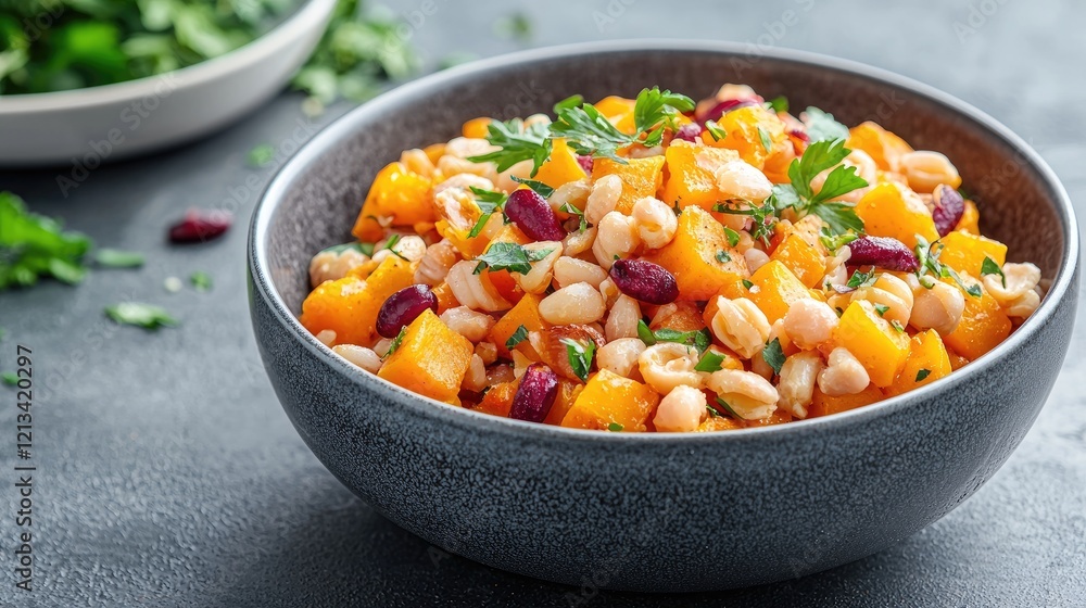 Autumn pumpkin, bean, and parsley salad in bowl Autumn pumpkin, bean, and parsley salad in bowl