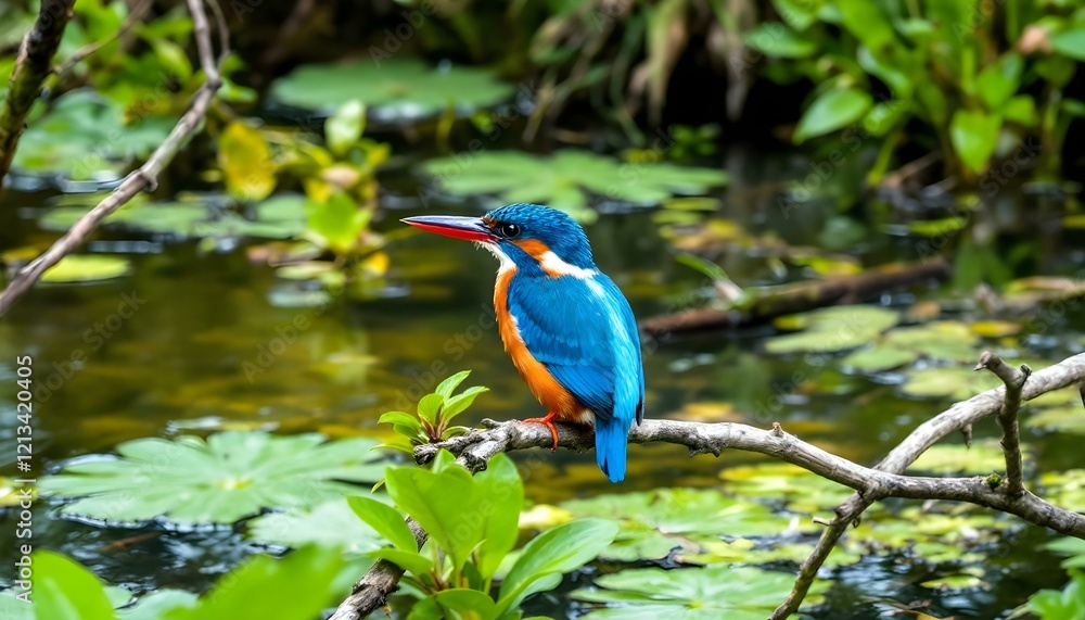 Vibrant Kingfisher Perched on Branch Overlooking Tranquil Pond Vibrant Kingfisher Perched on Branch Overlooking Tranquil Pond