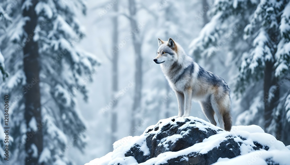 Fototapeta premium Majestic Wolf Standing on Snow-Covered Rock in Winter Forest