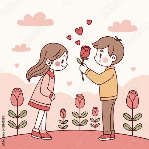 Valentine day girl and boy have a rose in hand
