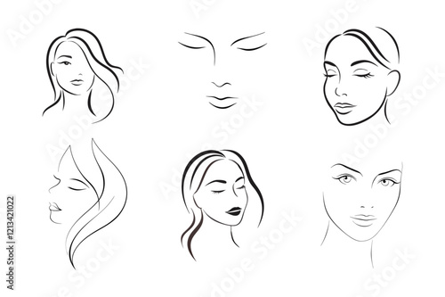 beauty women face line art vector design isolated on white background. set of minimalistic women face line art design.