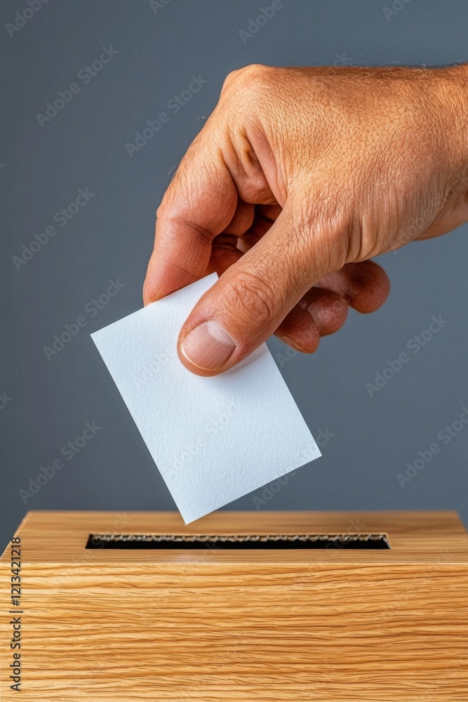 Hand placing a ballot into a wooden ballot box during a voting process at a civic center Hand placing a ballot into a wooden ballot box during a voting process at a civic center