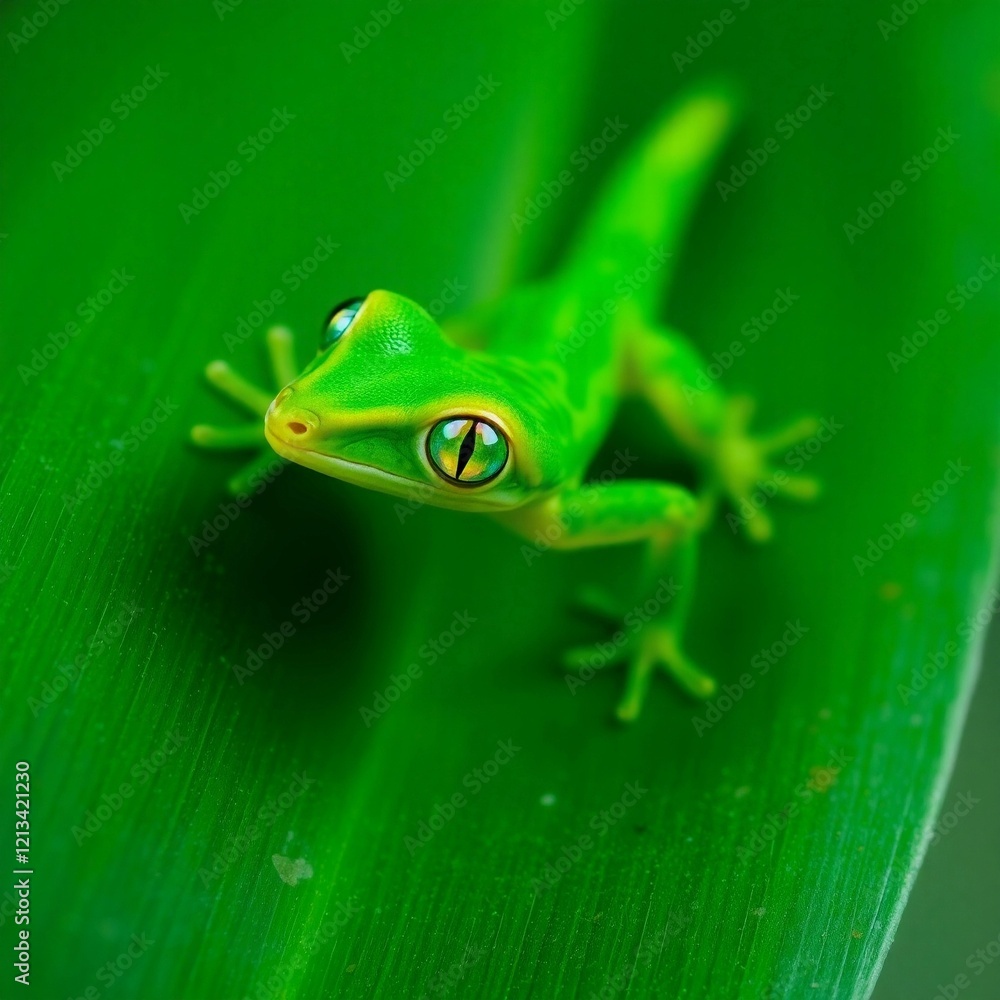 Obraz premium a green gecko with big colorful eyes, sitting on a green leaf.