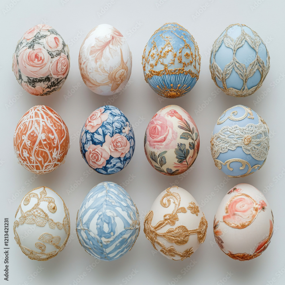 Easter sticker featuring a collection of hand-painted Easter eggs with vintage-inspired floral and lace designs in soft pastel colors, perfect for a classic and elegant spring celebration Easter sticker featuring a collection of hand-painted Easter eggs with vintage-inspired floral and lace designs in soft pastel colors, perfect for a classic and elegant spring celebration