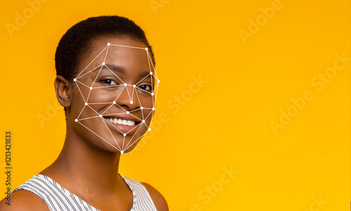 Slika na platnu A person smiles as facial recognition technology is applied to their face