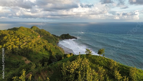 Aerial drone view of coastline with hills and trees, as well as view of coral cliffs and sea with waves from the ocean in Silancur hill Kebumen Central Java Indonesia photo