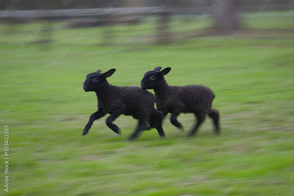Two Energetic Black Lambs Playfully Running Across a Green Pasture Under Soft Natural Light, Capturing the Joy of Springtime and Farm Life in Nature Two Energetic Black Lambs Playfully Running Across a Green Pasture Under Soft Natural Light, Capturing the Joy of Springtime and Farm Life in Nature