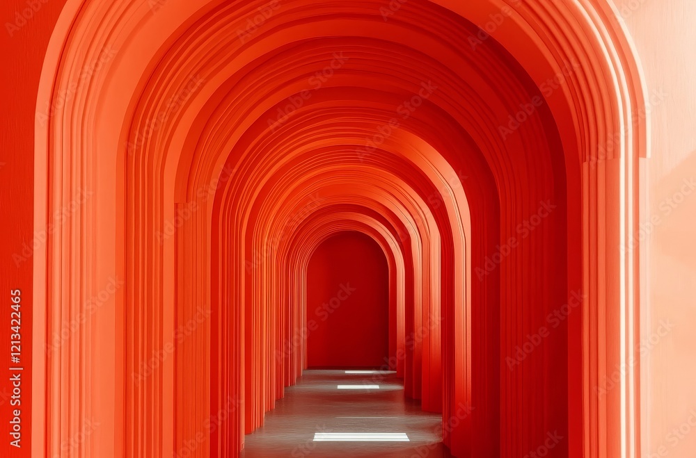Fototapeta premium 3D Render of Red Arched Tunnel with Minimalistic BG, Simple Lines, Soft Lighting and Symmetrical Composition. High - resolution.