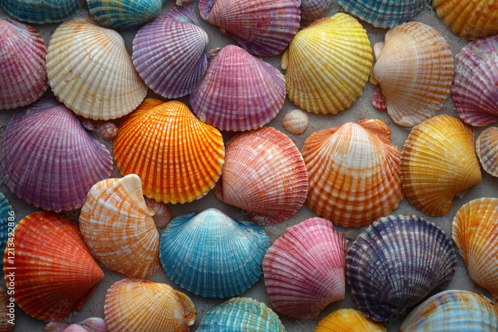 close-up of various shells lying on the sand. The shells are painted in bright shades: orange, yellow, blue, pink, purple and their shades. close-up of various shells lying on the sand. The shells are painted in bright shades: orange, yellow, blue, pink, purple and their shades.