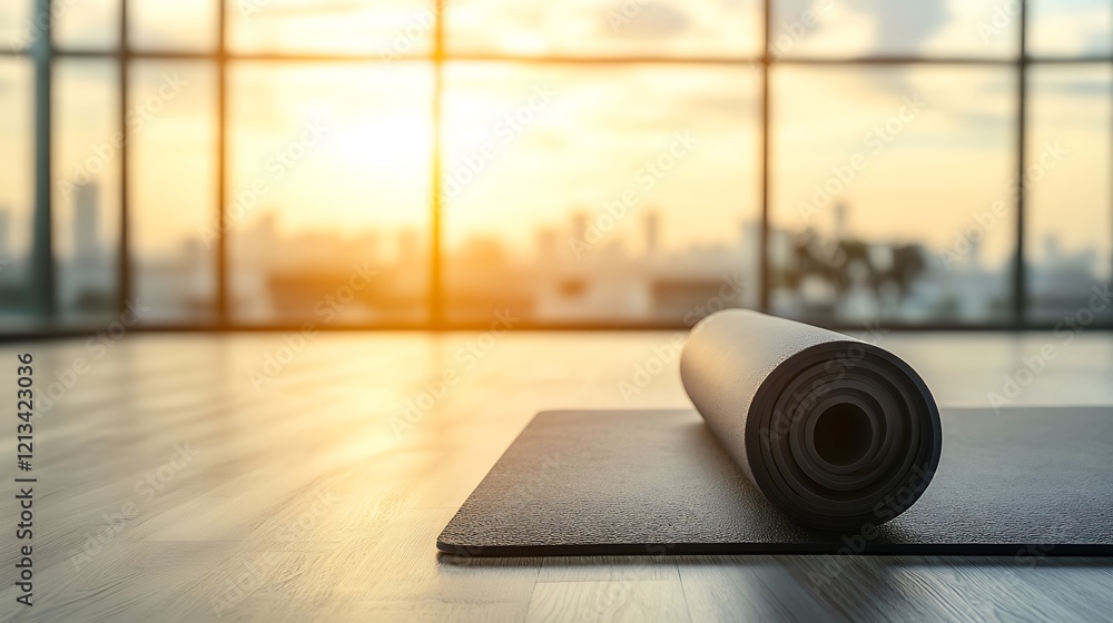 Rolled Yoga Mat Near Bright Window City View Rolled Yoga Mat Near Bright Window City View