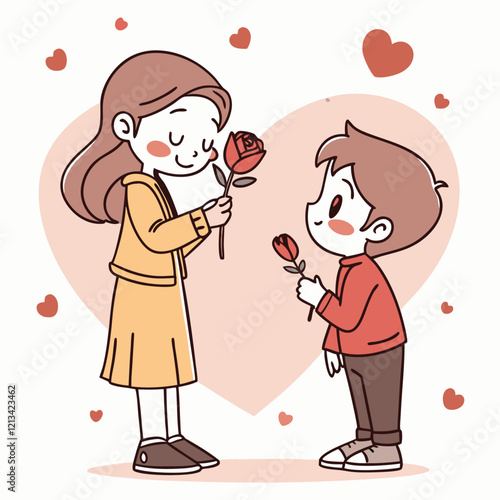 Valentine day girl and boy have a rose in hand