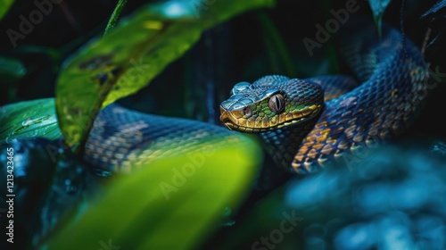 Borneo venomous snake in tropical forest, AI generated image photo