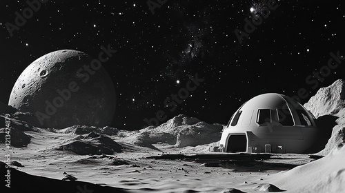 Fototapeta Naklejka Na Ścianę i Meble -  Lunar Colony: A Monochrome Vision of Extraterrestrial Habitation