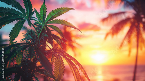 Cannabis plant at sunset, tropical beach background.