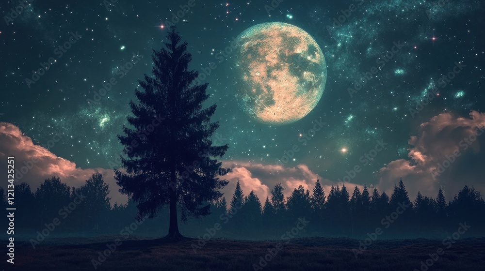 Fototapeta premium Enchanted Night: Lone Pine Under a Giant Moon