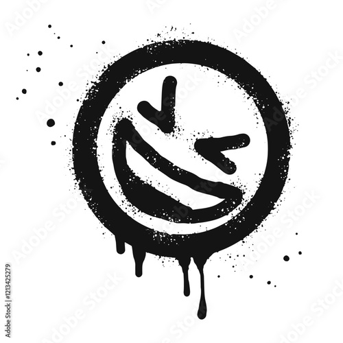 Smiling face emoticon character. Spray painted graffiti happy face in black over white. isolated on white background. vector illustration