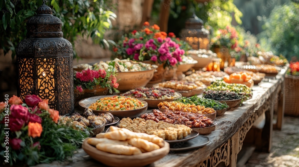 Fototapeta premium Outdoor garden buffet feast, Middle Eastern cuisine, sunlight, flowers