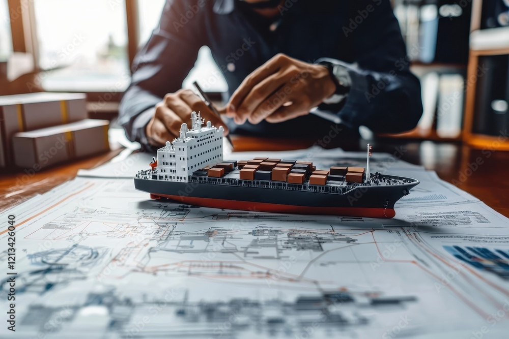 Fototapeta premium Businessman Planning Operations with Ship Model and Maritime Documents on Office Desk