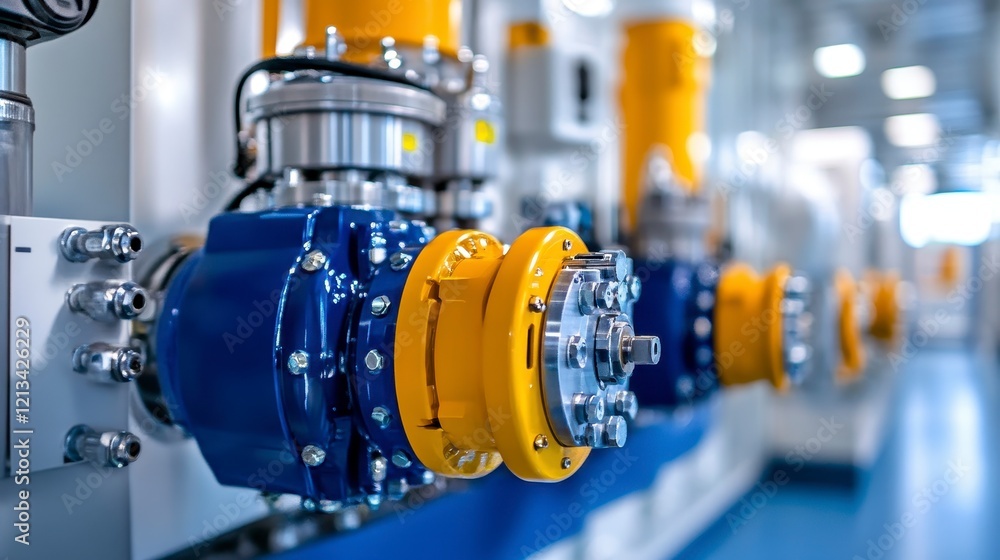 Fototapeta premium Industrial machinery with blue and yellow components in a modern factory setting