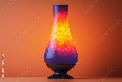  A radiant bulbous lava lamp with glowing colors, set against a warm orange background. photo