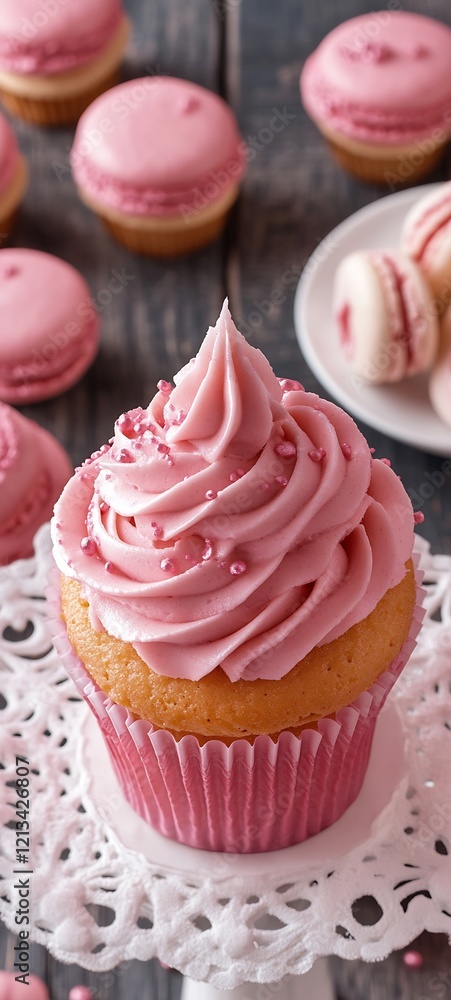 Beautiful Pink Frosted Cupcake with Sprinkles for Bakery and Dessert Photography : Generative AI Beautiful Pink Frosted Cupcake with Sprinkles for Bakery and Dessert Photography : Generative AI