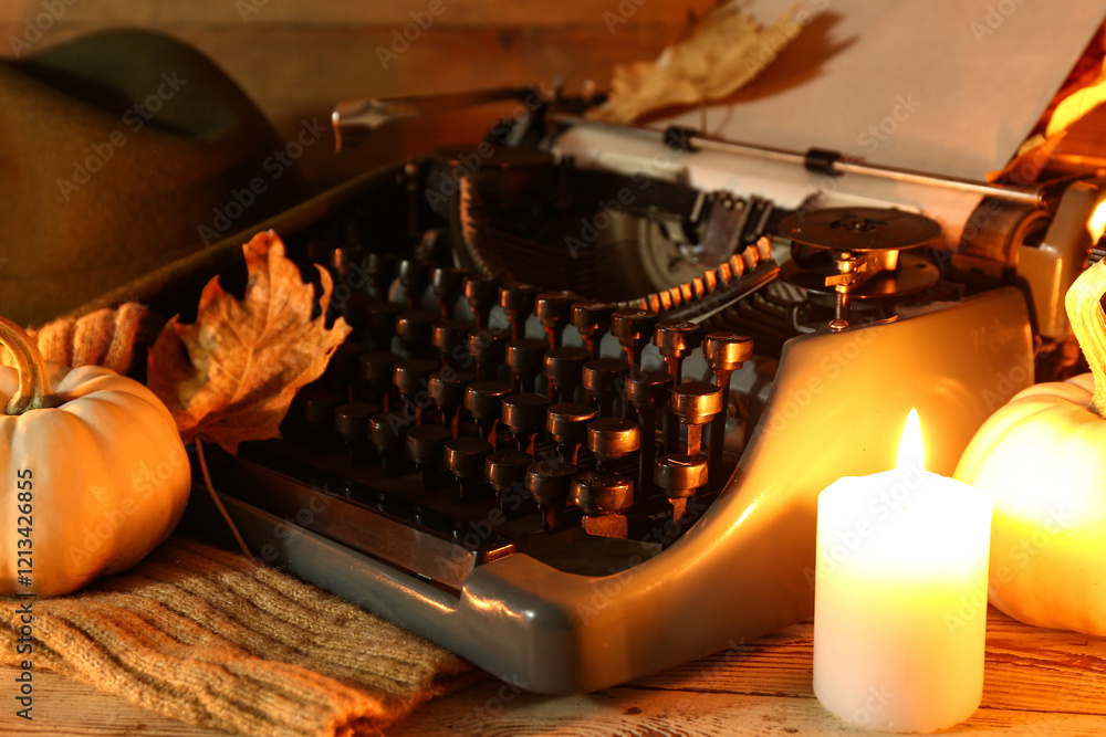 © Pixel-Shot - Vintage typewriter, pumpkins, burning candle and autumn leaves on wooden background