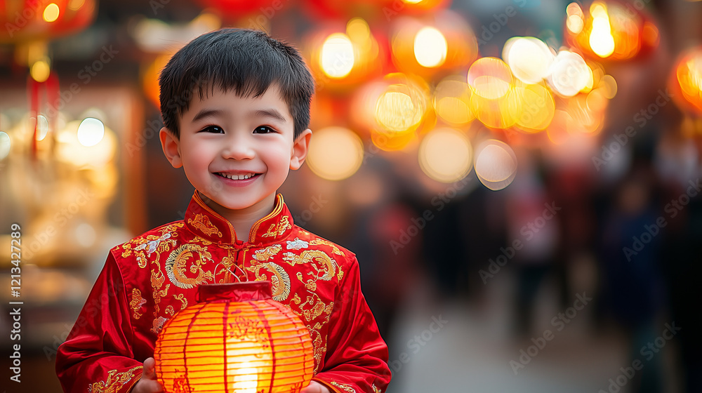 A young boy smiles wearing traditional red clothing holding a red paper lantern during Chinese New Year festivities A young boy smiles wearing traditional red clothing holding a red paper lantern during Chinese New Year festivities