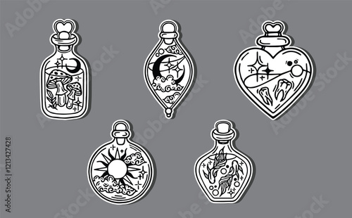 Set of vector hand drawn bottles with magic potion. Doodle vector illustration of vials, jars, flasks with occult objects