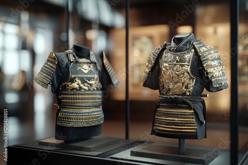 Samurai armor - ancient protection, warrior attire, Japanese craftsmanship, ornate design, feudal history, lacquered plates, martial heritage, ceremonial gear, battle readiness, cultural symbol. photo