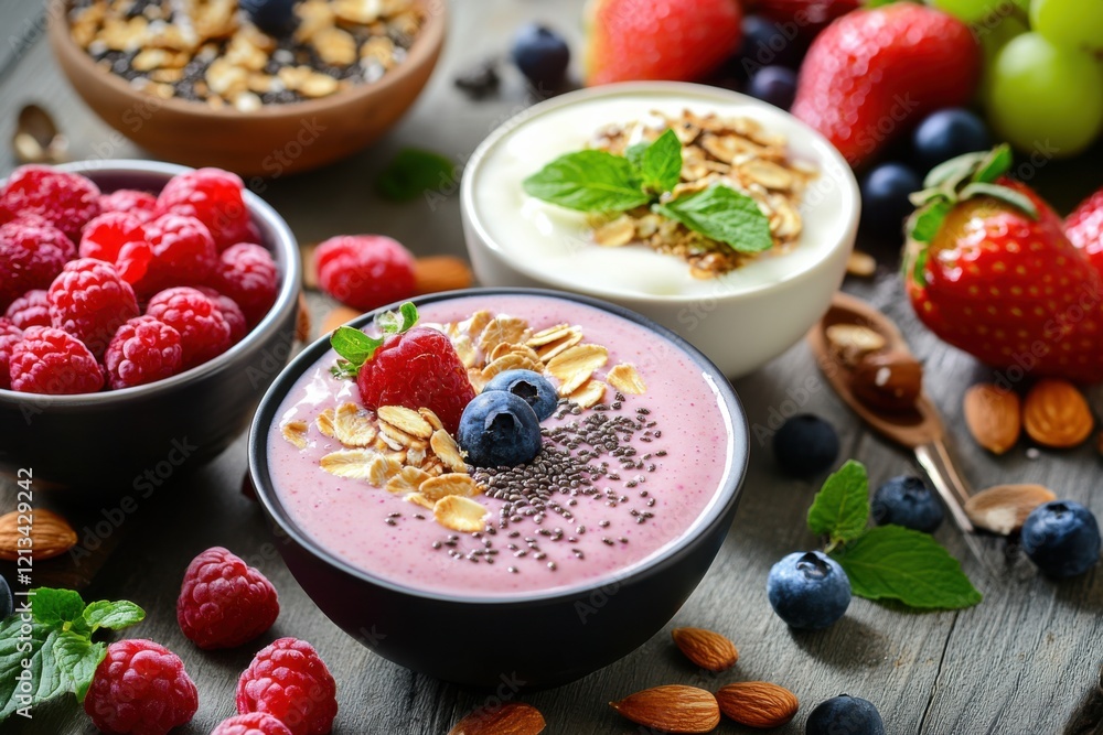 A vibrant visual of a dairy-free breakfast, featuring almond milk smoothie, fruits A vibrant visual of a dairy-free breakfast, featuring almond milk smoothie, fruits