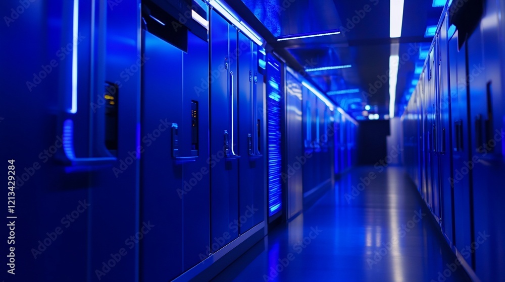 Long corridor illuminated by blue lights with repeating doors on both sides creates a sense of depth Long corridor illuminated by blue lights with repeating doors on both sides creates a sense of depth