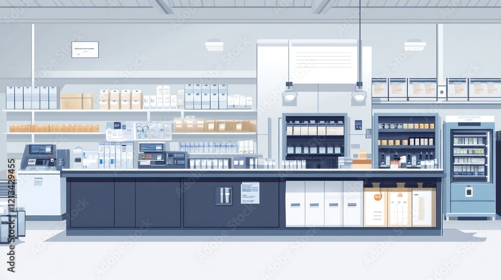 Modern minimalist store interior with counter, shelves, and various products. Modern minimalist store interior with counter, shelves, and various products.