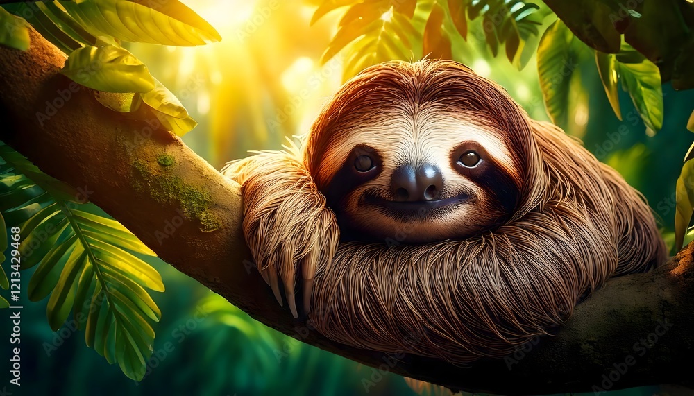Fototapeta premium Smiling Sloth Resting in a Tropical Forest with Warm Sunlight