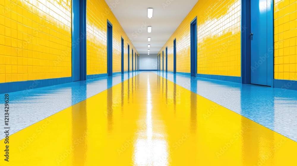 Fototapeta premium Bright yellow and blue hallway, perspective view, interior design, school corridor