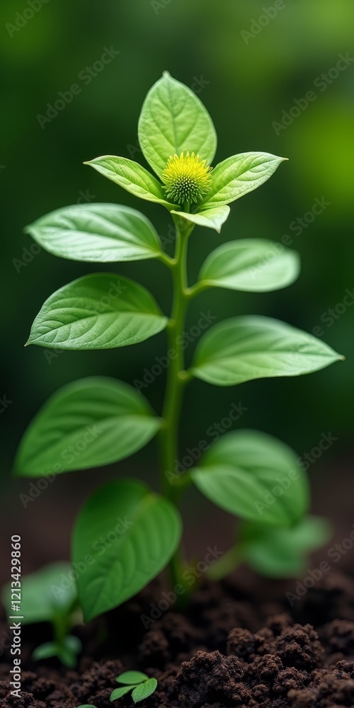 A small, green plant with leaves and a flower A small, green plant with leaves and a flower