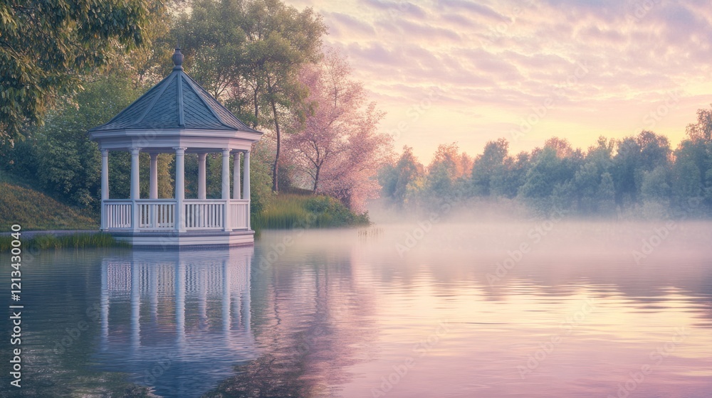 Serene Gazebo by Misty Lake at Sunrise Serene Gazebo by Misty Lake at Sunrise