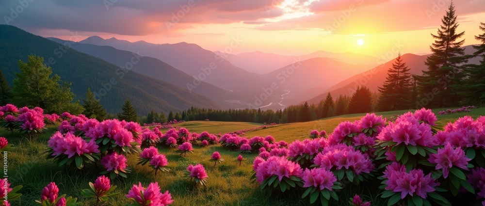 A serene landscape with vibrant pink flowers, rolling hills, and a breathtaking sunset A serene landscape with vibrant pink flowers, rolling hills, and a breathtaking sunset