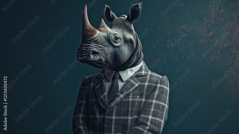 Naklejka premium Rhino dressed as a businessman wearing a suit while looking at the camera, AI generated image