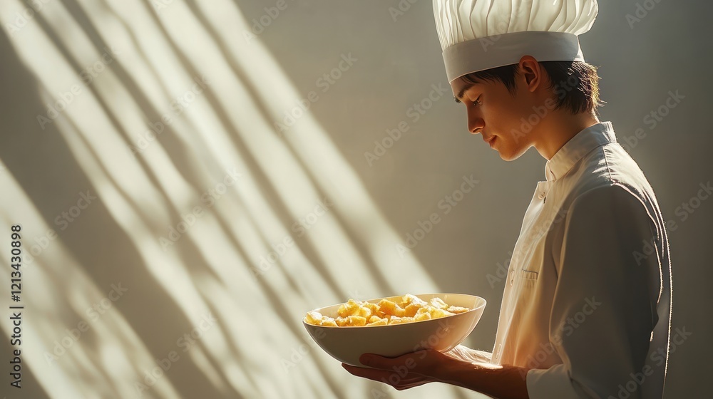 Chef carefully holding bowl of pasta in sunlight. Chef carefully holding bowl of pasta in sunlight.