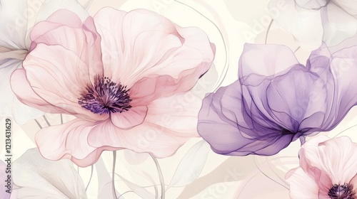 2.A beautiful and intricate floral design featuring soft pink and purple flowers, delicately hand-drawn to create a seamless pattern. The gentle hues blend seamlessly into a light background, evoking