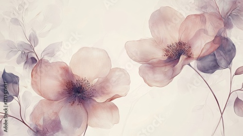 2.A beautiful and intricate floral design featuring soft pink and purple flowers, delicately hand-drawn to create a seamless pattern. The gentle hues blend seamlessly into a light background, evoking