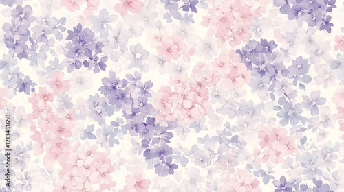 2.A beautiful and intricate floral design featuring soft pink and purple flowers, delicately hand-drawn to create a seamless pattern. The gentle hues blend seamlessly into a light background, evoking