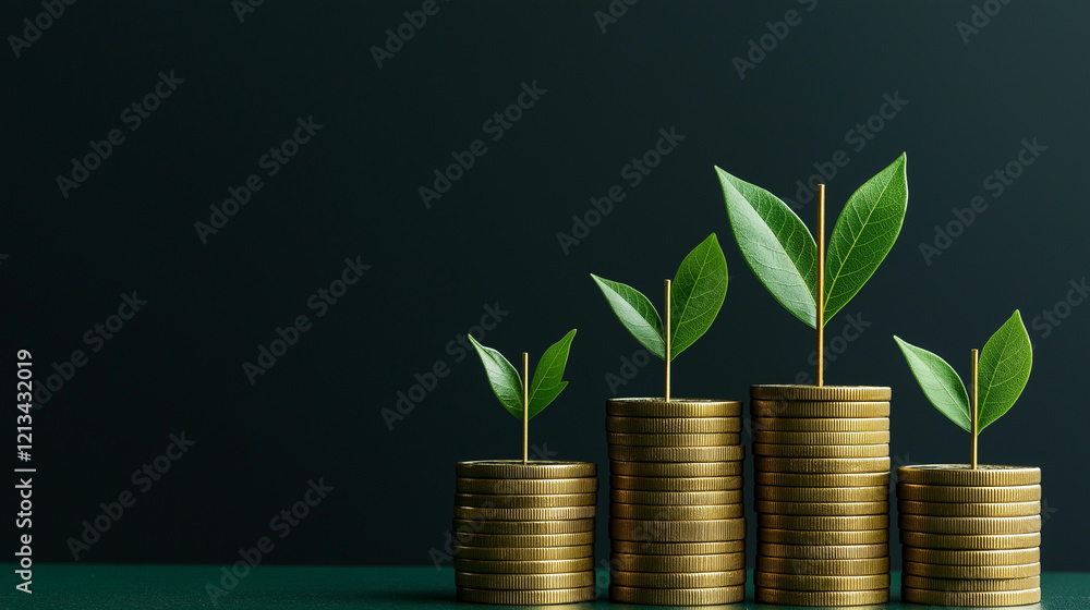 Growing Financial Success Stacks of Gold Coins with Sprouting Plants Growing Financial Success Stacks of Gold Coins with Sprouting Plants