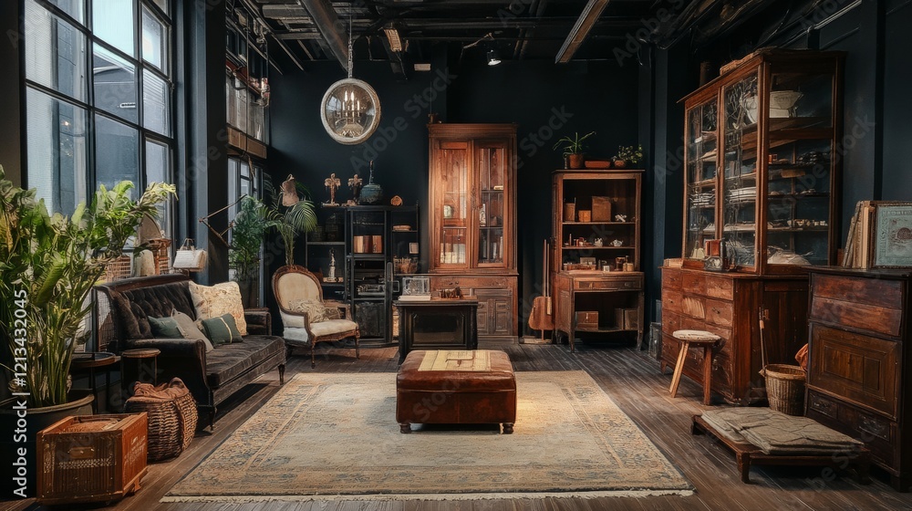 Fototapeta premium Vintage library room with wooden furniture and decor