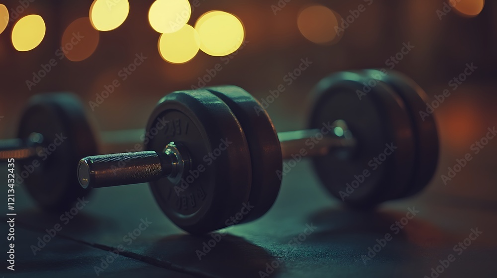 Naklejka premium Dumbbells rest on floor with bokeh lights in background