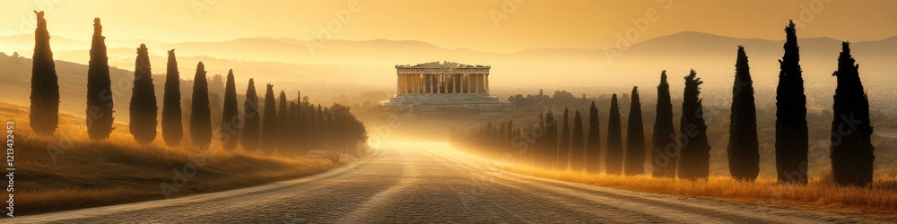 Obraz premium Breathtaking Sunrise over Tuscany Road: Cypress Trees Lined Path Leading to Historic Villa Amidst Misty Morning Landscape in Italy's Countryside